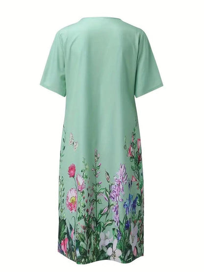 Groene Midi-Jurk met Korte Mouwen en Ronde Hals
