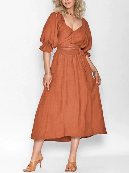 Elegante Tailleband-Ruffel-Lantaarn Mouwen Jurk