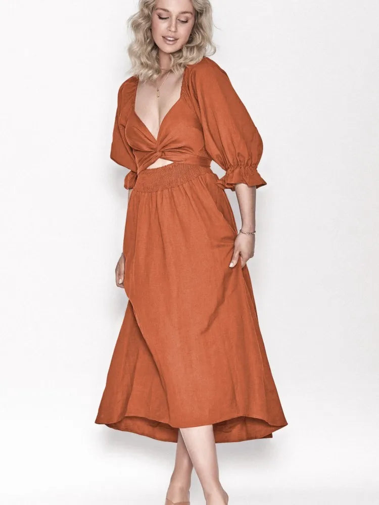 Elegante Tailleband-Ruffel-Lantaarn Mouwen Jurk