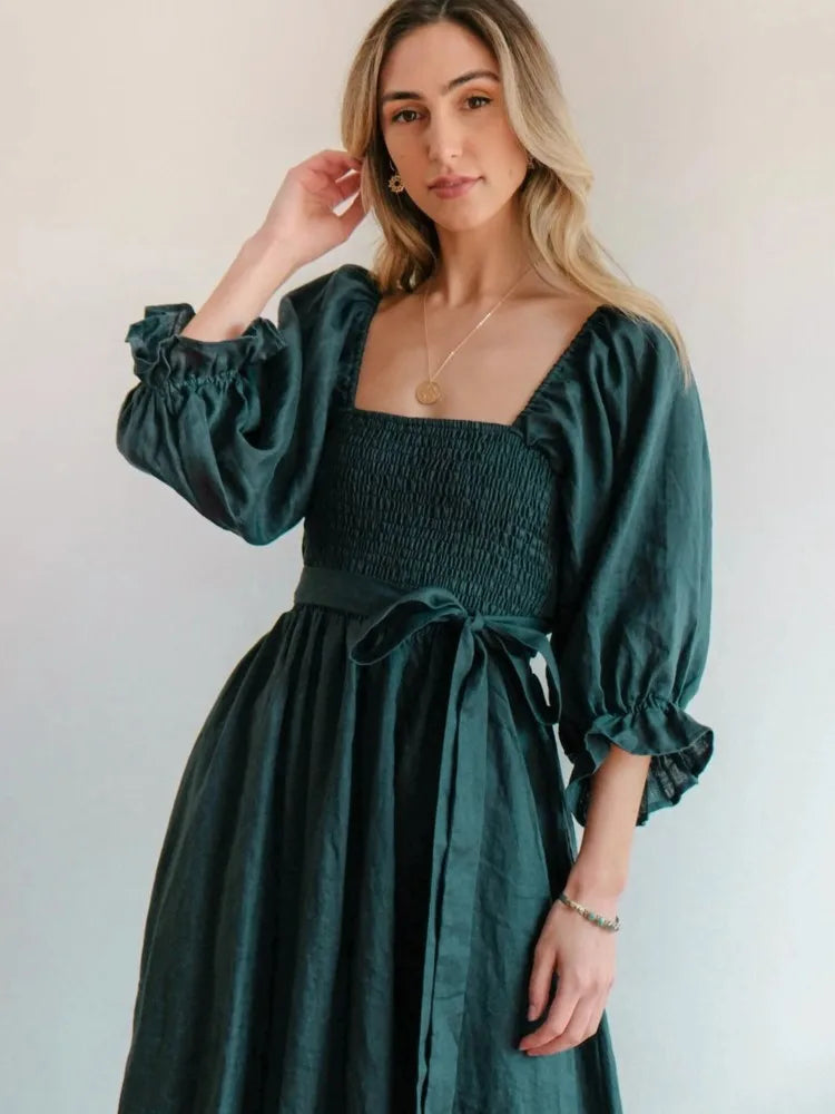 Elegante Tailleband-Ruffel-Lantaarn Mouwen Jurk