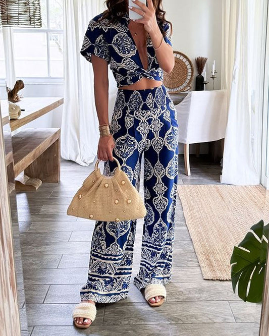 Lorelei | Vintage V-hals Bedrukte Top & Broek Set
