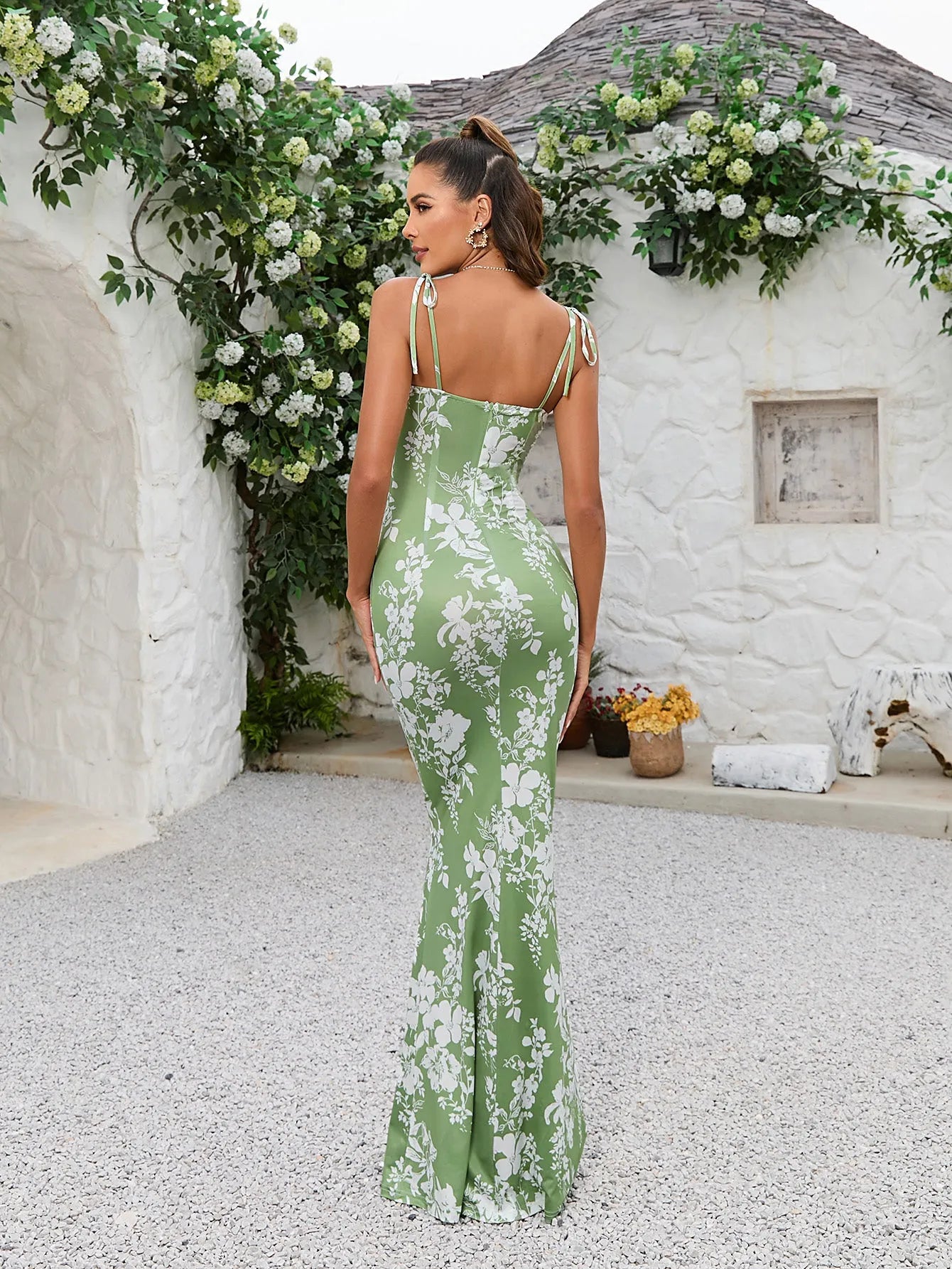Strikschouder Fishtail Hem Bloemenprint Promjurk