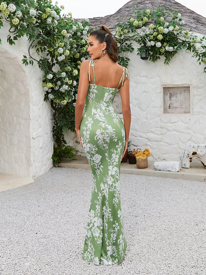 Strikschouder Fishtail Hem Bloemenprint Promjurk