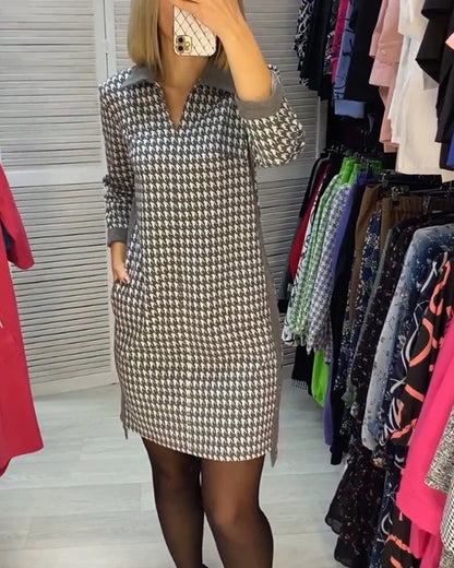 Casual V-hals Houndstooth Print Jurk
