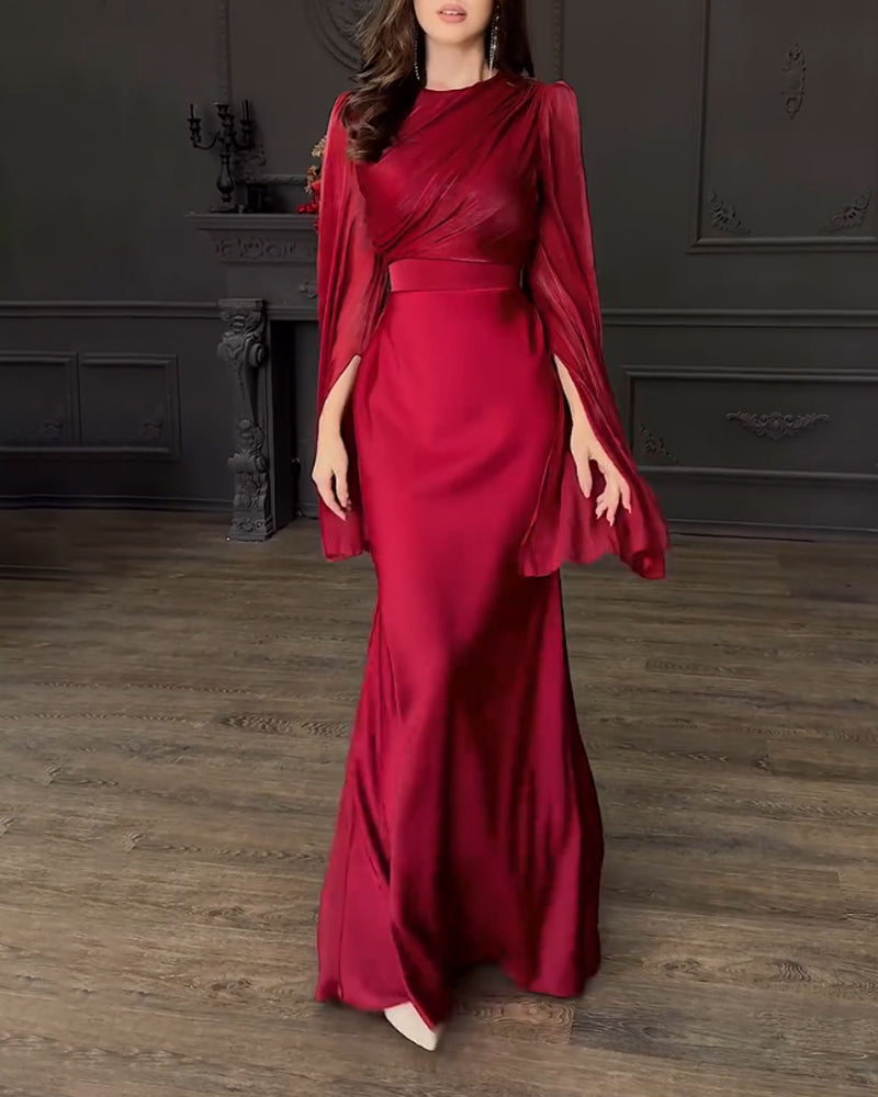 Arlene | Elegante satijnen split met lange mouwen, top en lange rok, tweedelige set