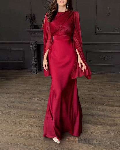 Arlene | Elegante satijnen split met lange mouwen, top en lange rok, tweedelige set