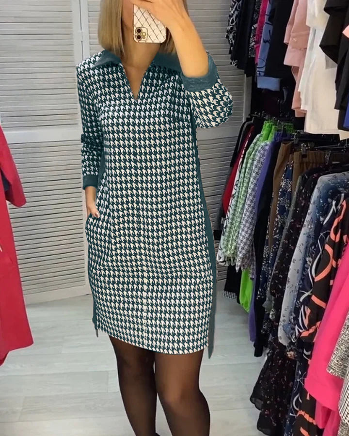 Casual V-hals Houndstooth Print Jurk