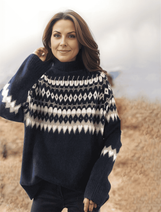 Sona | Blauwe geometrische trui met lange mouwen