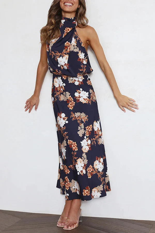 Bloemen Halternek Elastische Taille Midi Feestjurk