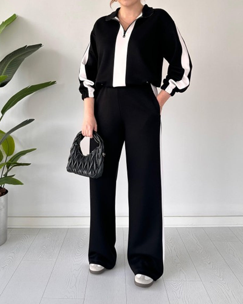 Tarren | Casual kleurcontrast trui met kwart rits & broek set