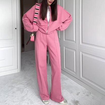 Ambry | Trendy Sweatshirt Jas & Rechte Broek Set