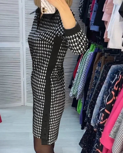 Casual V-hals Houndstooth Print Jurk