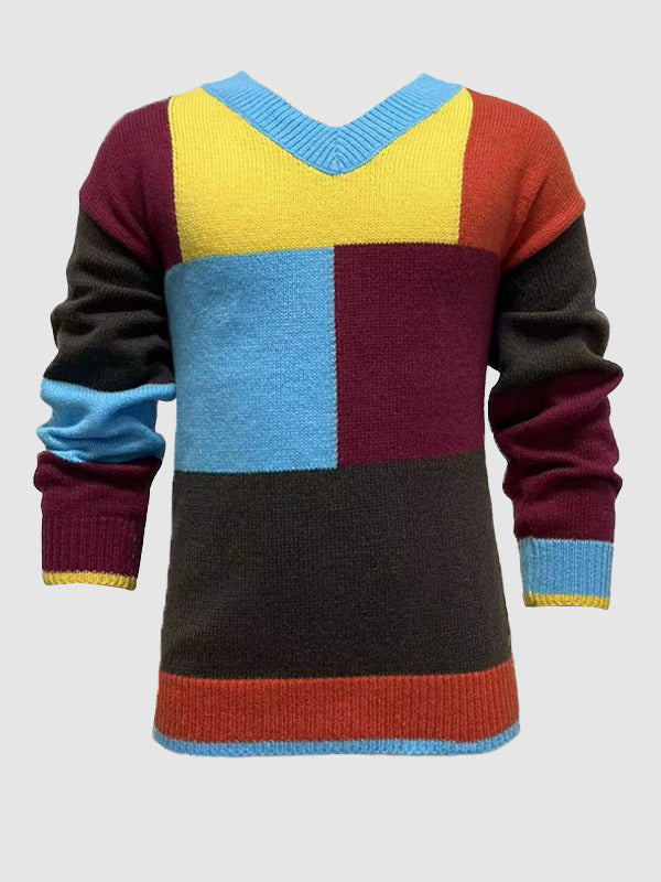 Lysander | Kleurrijke casual patchwork V-hals trui