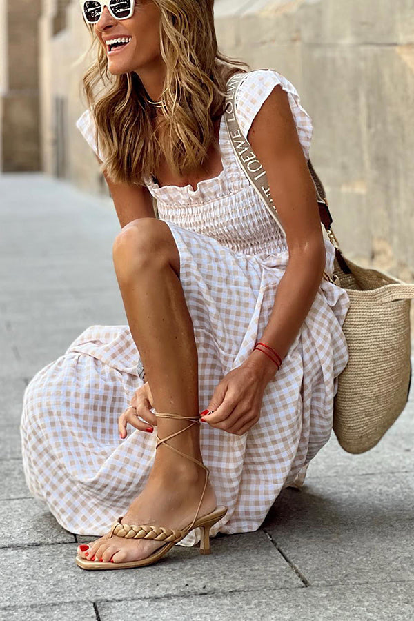 Multi Plaid Gesmokte Buste Maxi Jurk