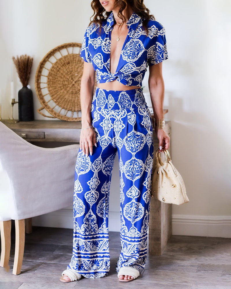 Lorelei | Vintage V-hals Bedrukte Top & Broek Set