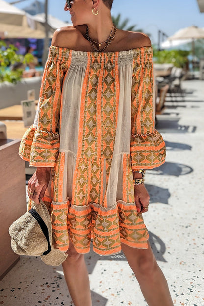 Mini Jurk met Etnische Print en Off-Shoulder