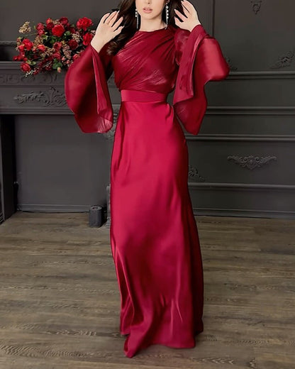Arlene | Elegante satijnen split met lange mouwen, top en lange rok, tweedelige set