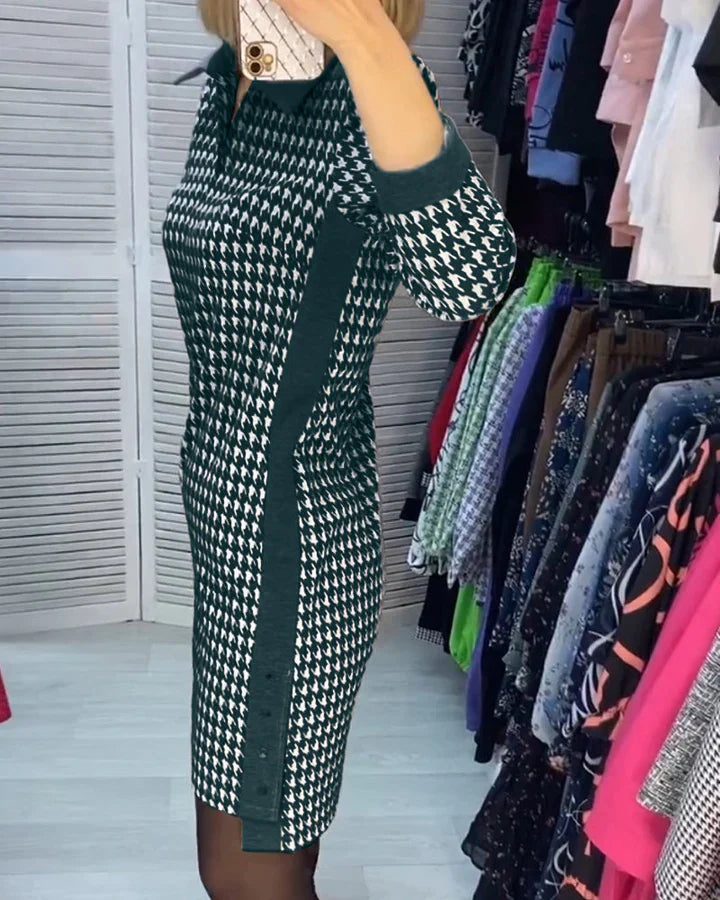 Casual V-hals Houndstooth Print Jurk