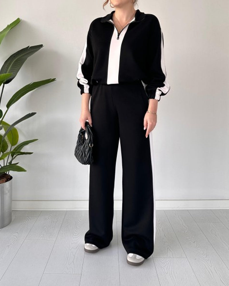 Tarren | Casual kleurcontrast trui met kwart rits & broek set