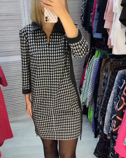 Casual V-hals Houndstooth Print Jurk