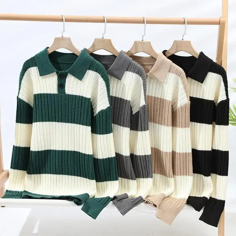 Goran | Klassieke gestreepte slim-fit warm gebreide polotrui