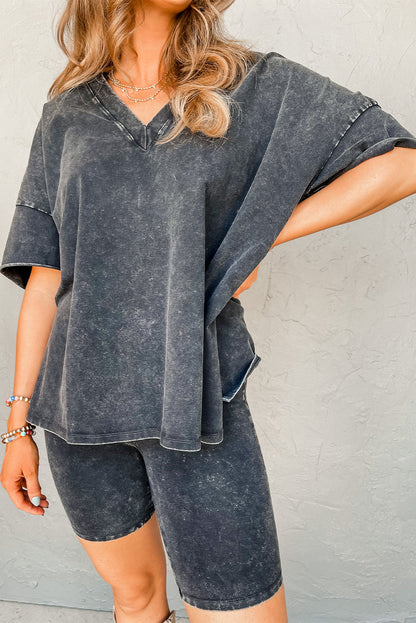 Asma | Zwart mineraal gewassen oversized T-shirt en shortset