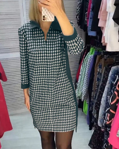 Casual V-hals Houndstooth Print Jurk