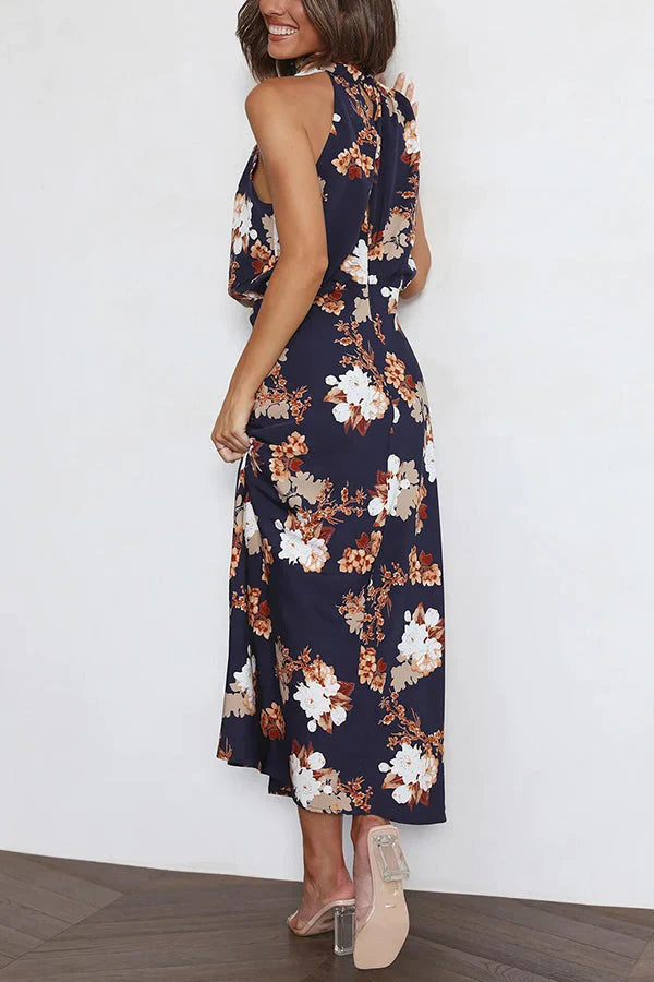 Bloemen Halternek Elastische Taille Midi Feestjurk