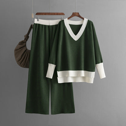Luise | Casual gebreide V-hals contrasterende top & broek set