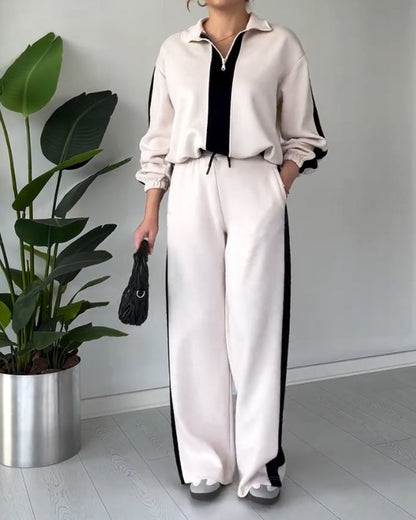 Tarren | Casual kleurcontrast trui met kwart rits & broek set