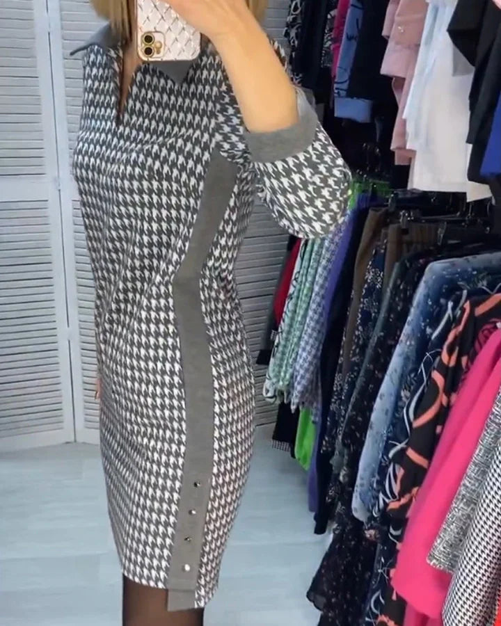 Casual V-hals Houndstooth Print Jurk