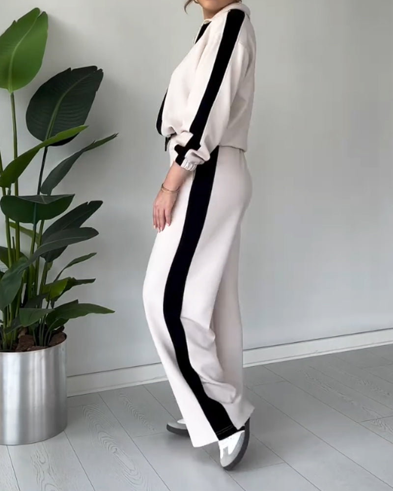 Tarren | Casual kleurcontrast trui met kwart rits & broek set