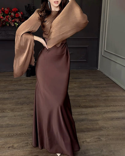 Arlene | Elegante satijnen split met lange mouwen, top en lange rok, tweedelige set