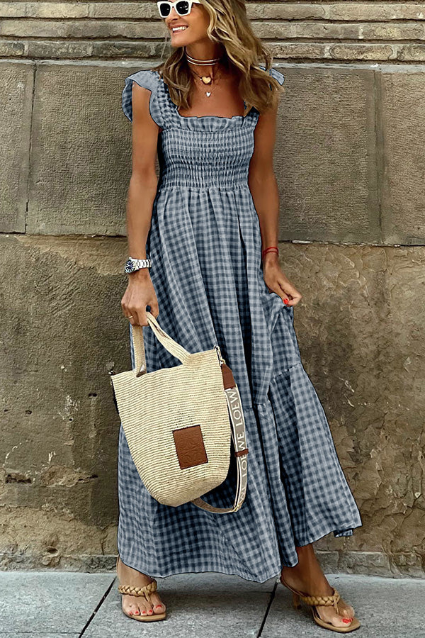 Multi Plaid Gesmokte Buste Maxi Jurk