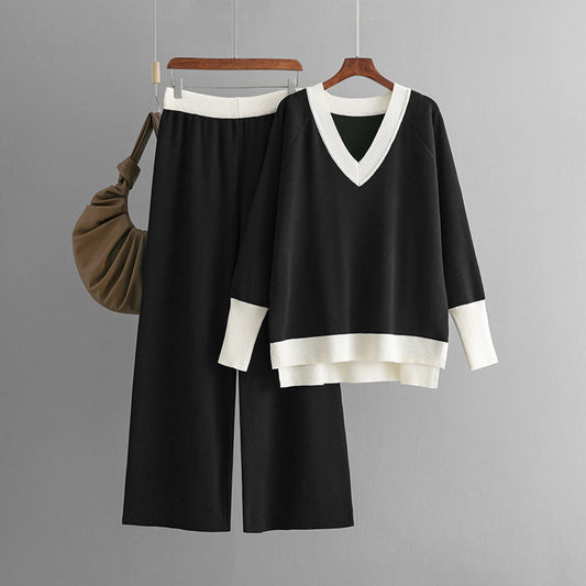 Luise | Casual gebreide V-hals contrasterende top & broek set
