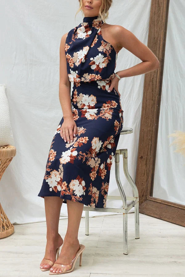 Bloemen Halternek Elastische Taille Midi Feestjurk