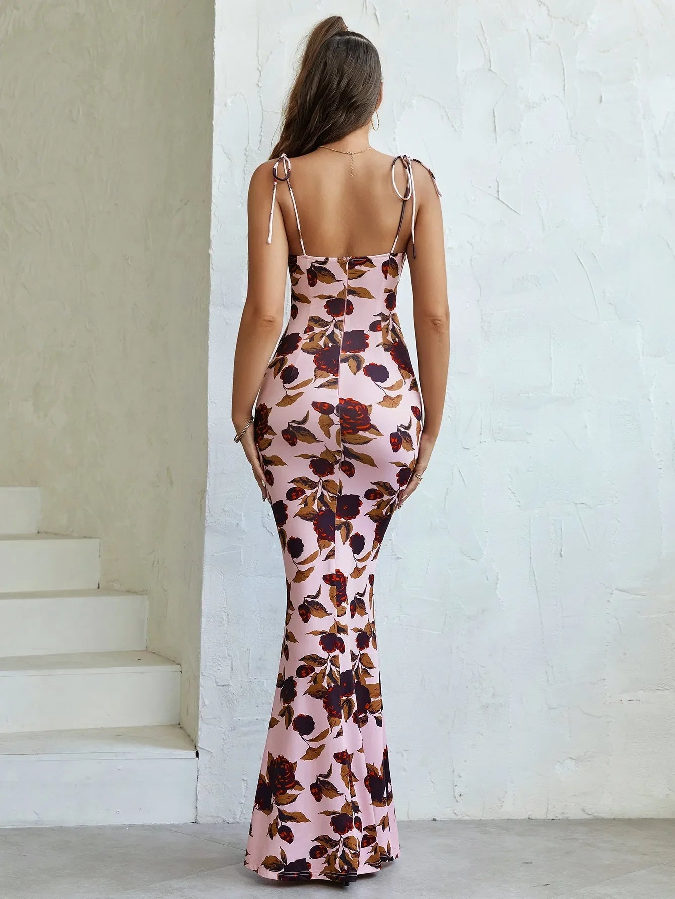 Strikschouder Fishtail Hem Bloemenprint Promjurk