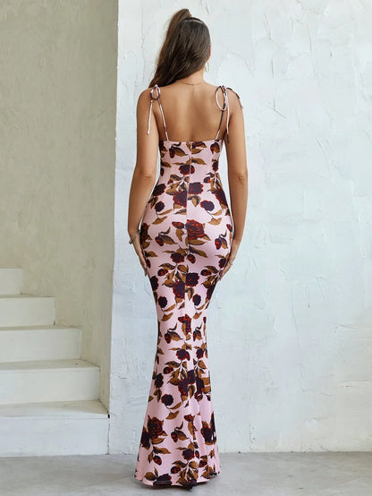 Strikschouder Fishtail Hem Bloemenprint Promjurk