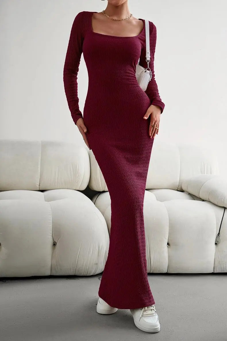 Lange Mouwen Vierkante Hals Maxi Bodycon Jurk
