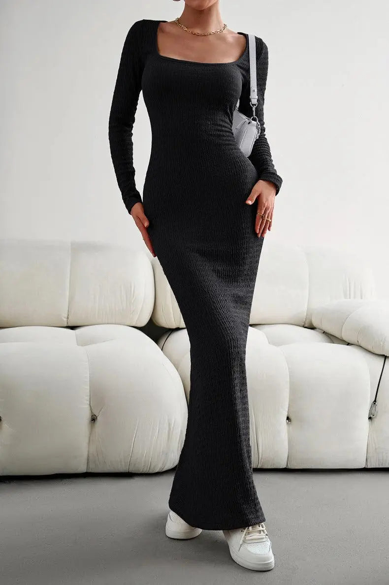 Lange Mouwen Vierkante Hals Maxi Bodycon Jurk