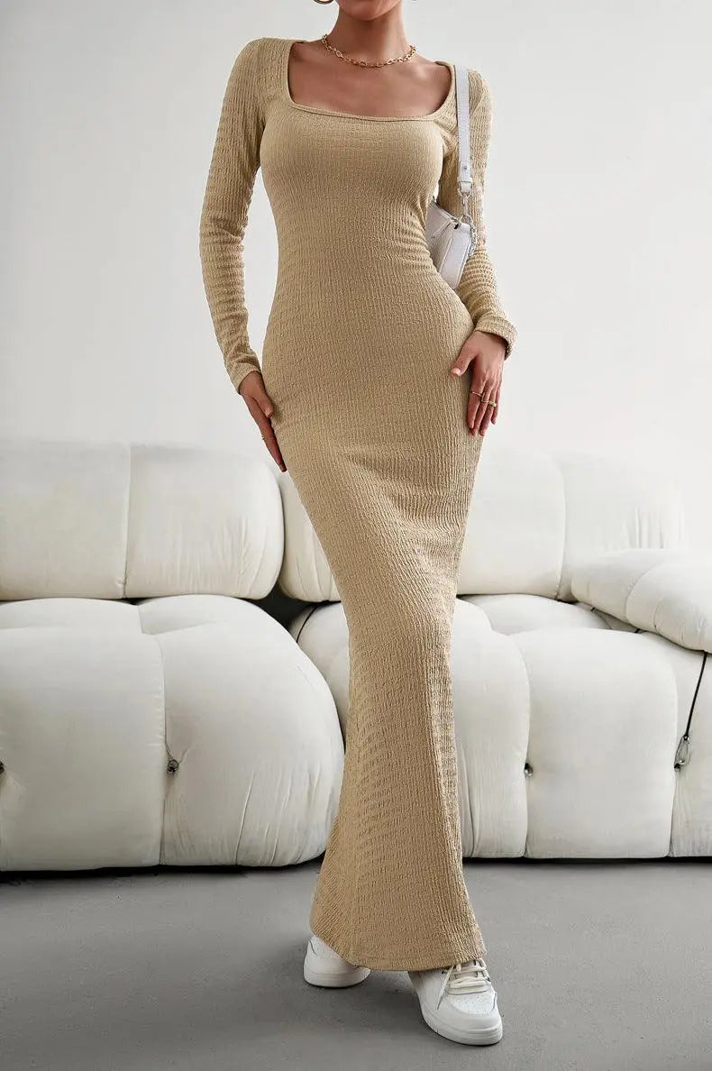 Lange Mouwen Vierkante Hals Maxi Bodycon Jurk