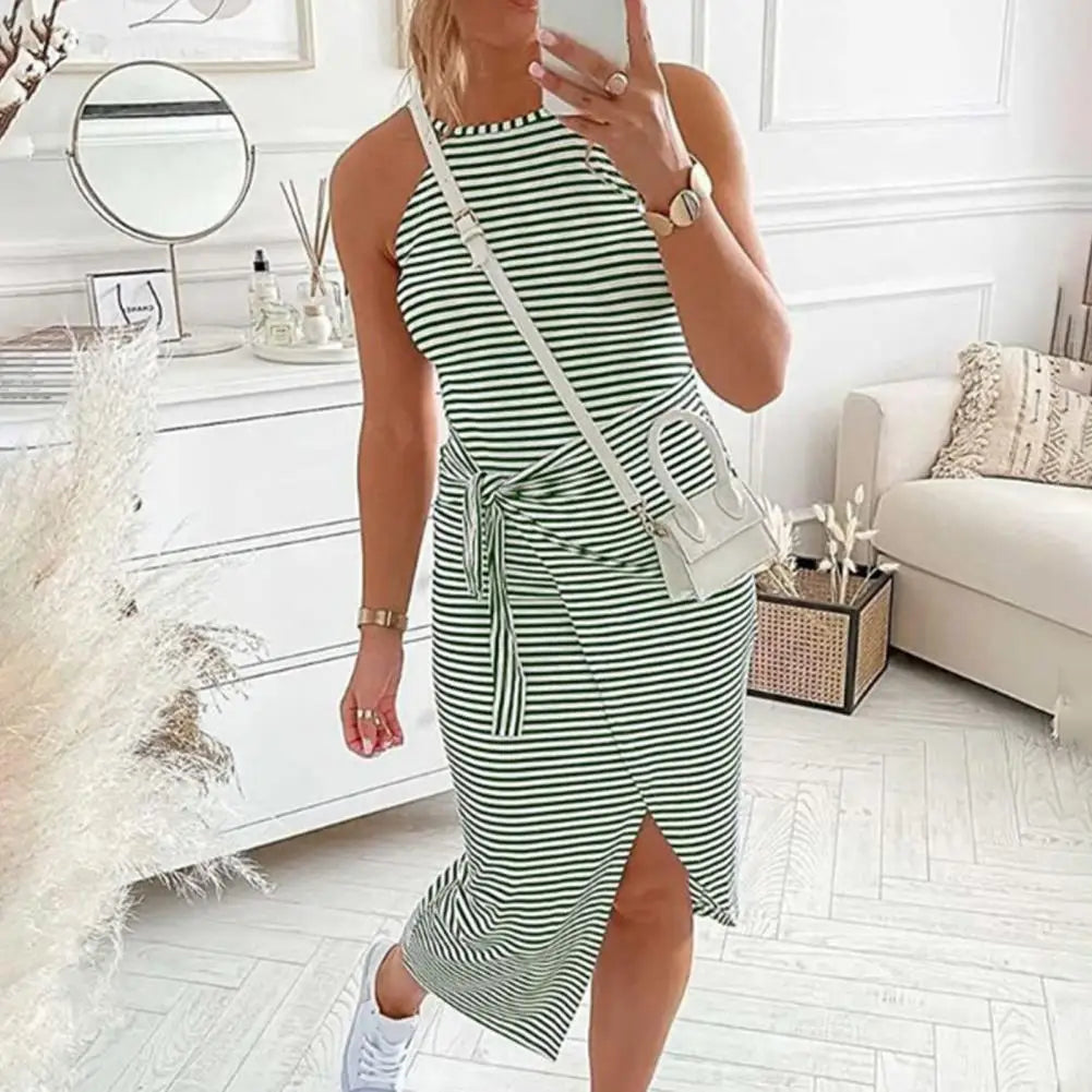 Casual Mouwloze Gestreepte Midi Jurk