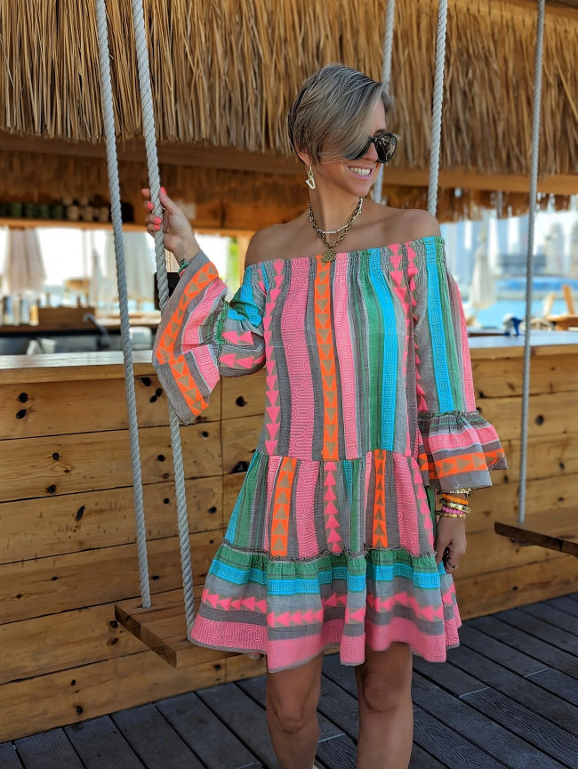 Mini Jurk met Etnische Print en Off-Shoulder