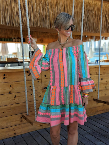 Mini Jurk met Etnische Print en Off-Shoulder