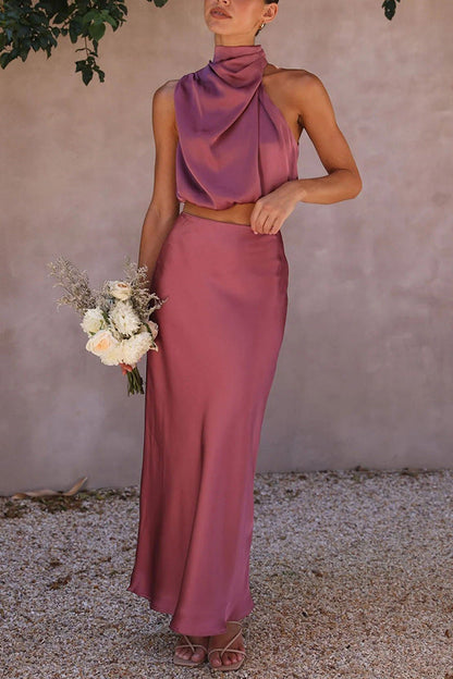 Set met Hoge Hals in Satijn en Maxi Rok