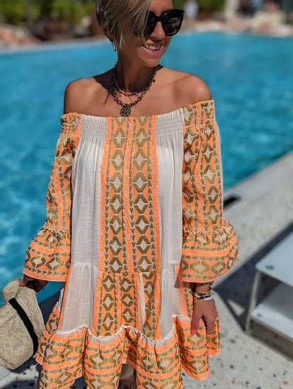 Mini Jurk met Etnische Print en Off-Shoulder