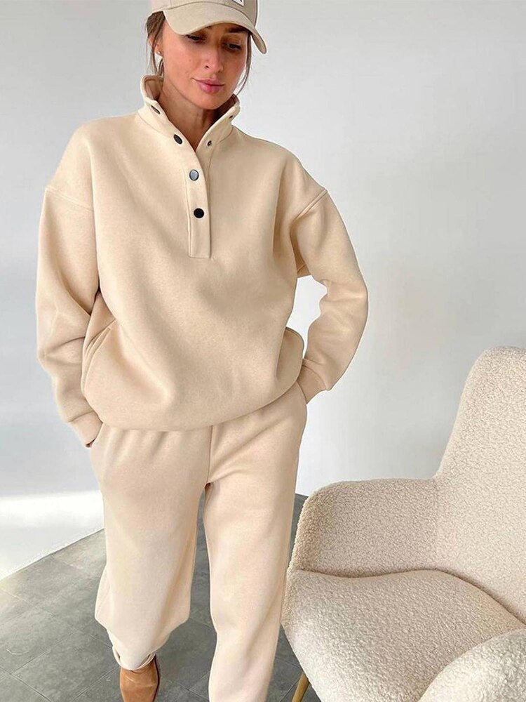 Anira | Warme fleece-sweatshirt met opstaande kraag en broek Set- Gezellige Winter Outfit