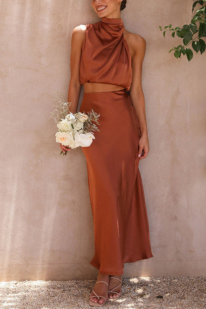 Set met Hoge Hals in Satijn en Maxi Rok