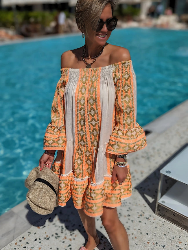 Mini Jurk met Etnische Print en Off-Shoulder