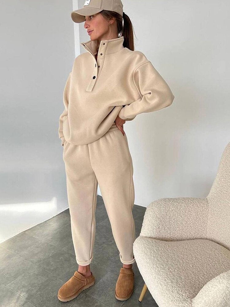 Anira | Warme fleece-sweatshirt met opstaande kraag en broek Set- Gezellige Winter Outfit